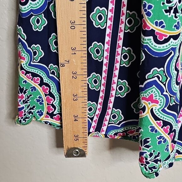 Crown & Ivy Tile Patterned Blue and Green Long Sleeve Blouson Peasant Dress - Picture 7 of 8